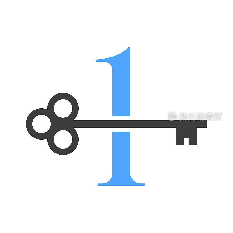 字母1房地产标志概念与Home Lock键向量模板。豪华家居标志关键标志